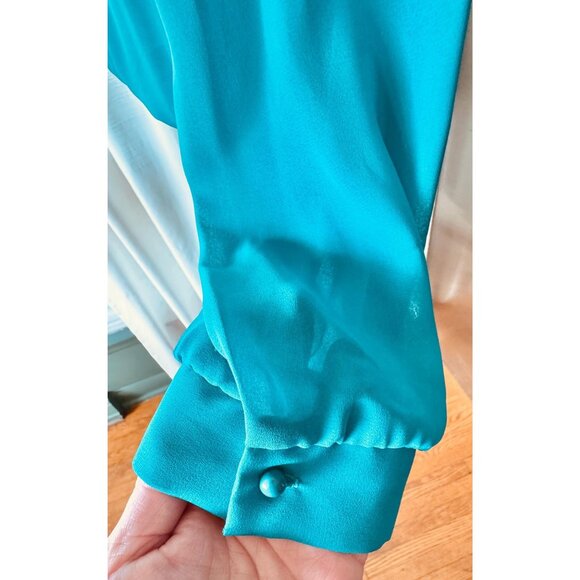 Vintage 80s A-line dress, turquoise, pleated bodice, assorted belt, long sleeves - Picture 5 of 8